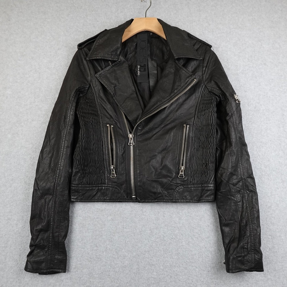 JOES Sheep Leather Jacket Black Biker Moto Zippered Women's Small Cropped Punk